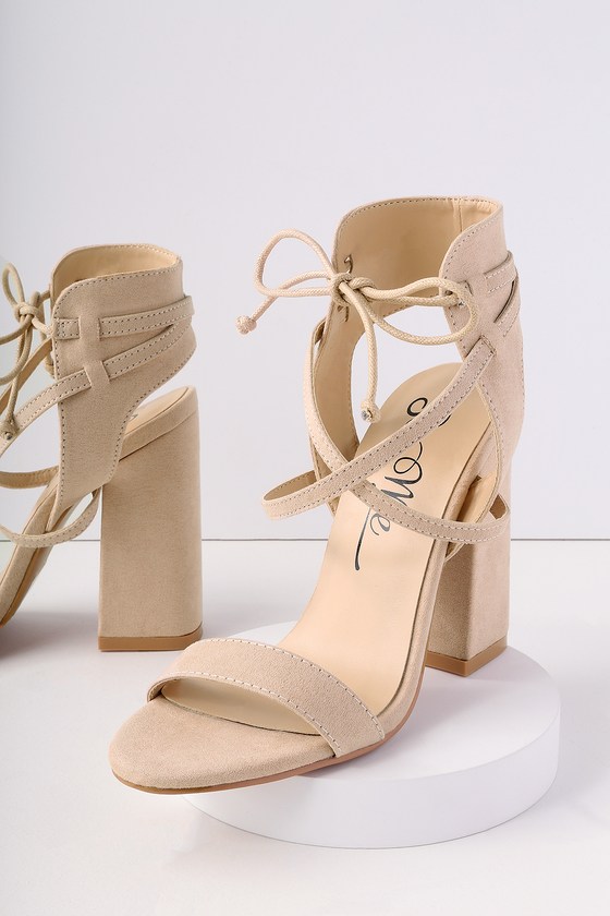 nude lace up chunky heels
