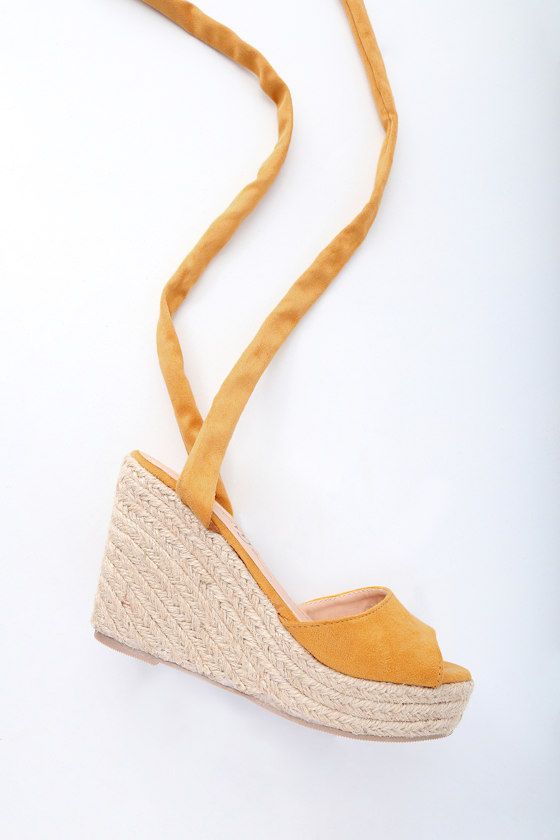 Kaila Mustard Yellow Lace-Up Espadrille Wedges 2