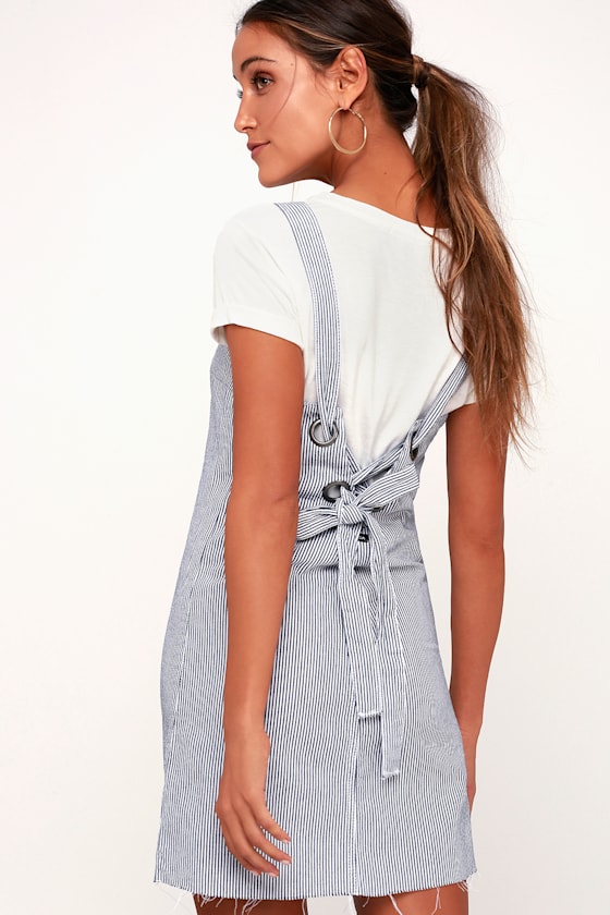 blue and white pinafore dress