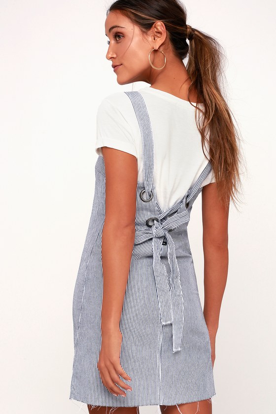 Tide Shift Blue and White Striped Lace-Up Denim Pinafore Dress