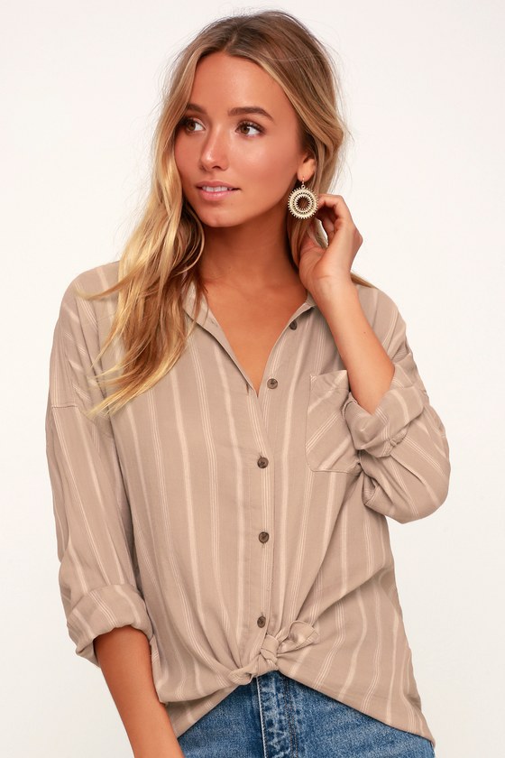 RVCA Holt - Tie-Front Top - Button-Up Top - Taupe and White Top - Lulus
