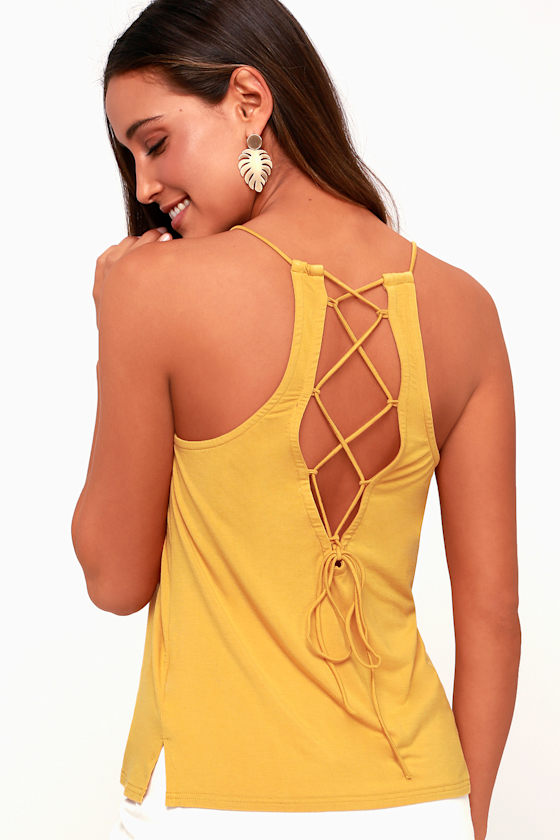 RVCA Teller Top Mustard Yellow Tank Top LaceUp Top Tank Lulus