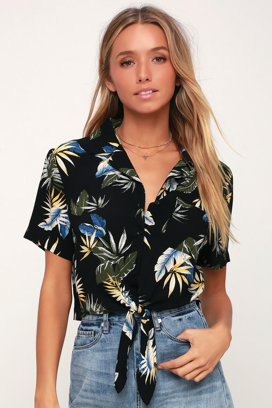 Tropical Twist Black Tropical Print Tie-Front Crop Top