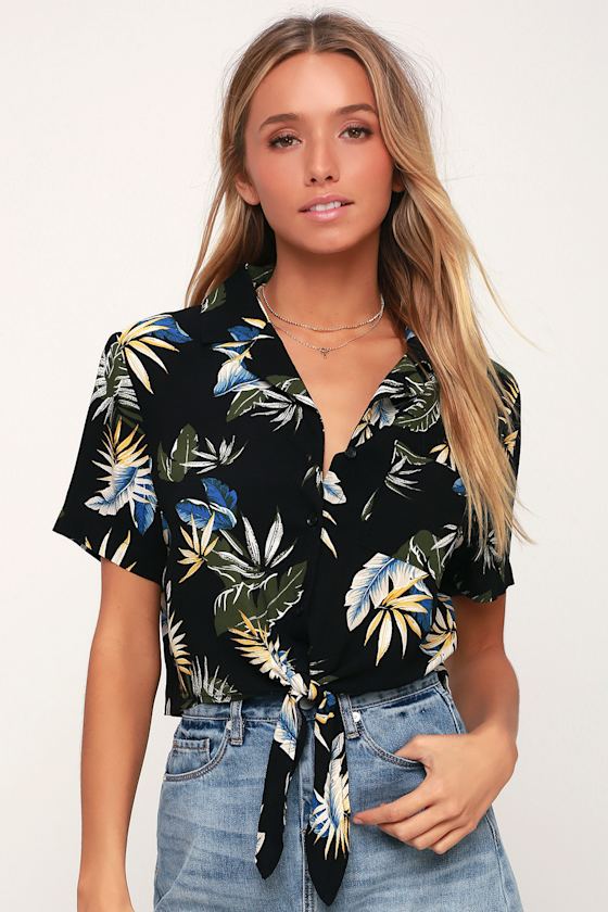 Tropical Twist Black Tropical Print Tie-Front Crop Top 3
