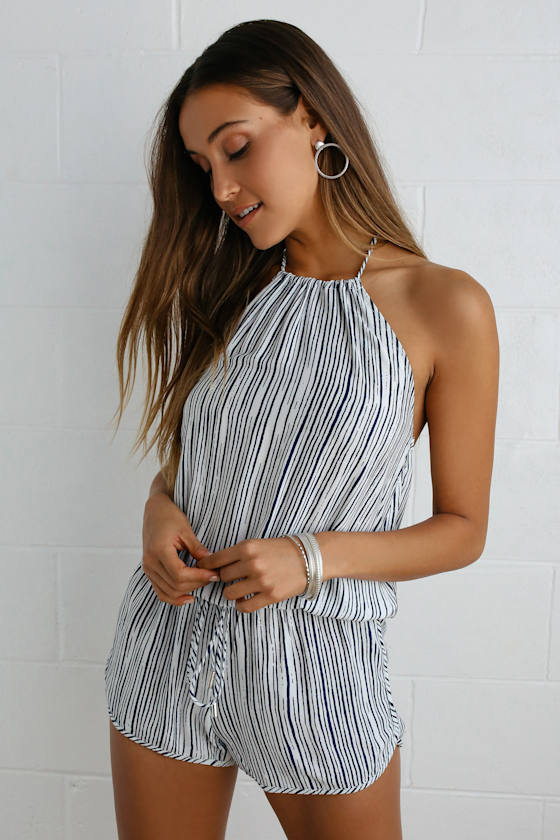 Fortuitous Navy Blue Striped Halter Romper 2