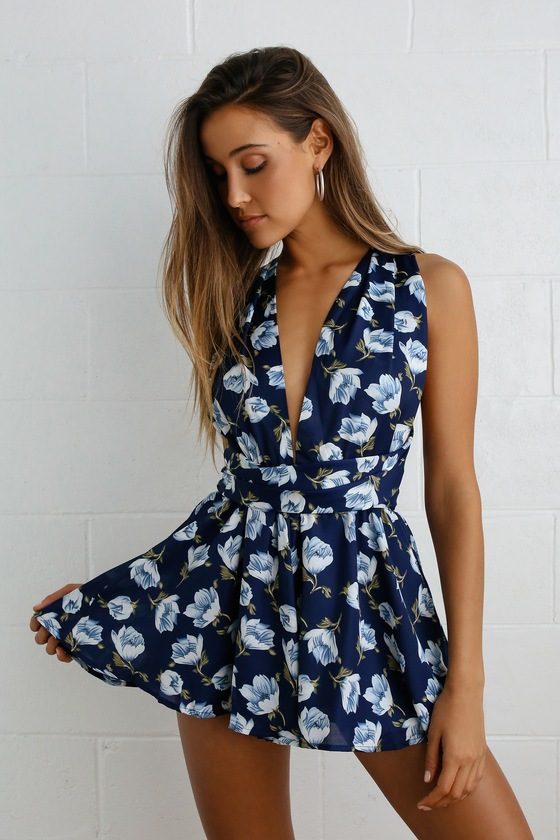 Elated Energy Navy Blue Floral Print Convertible Romper