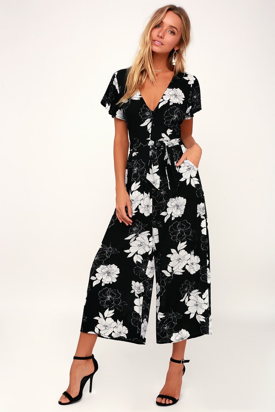 North Pacific Black and White Floral Print Culotte Jumpsuit