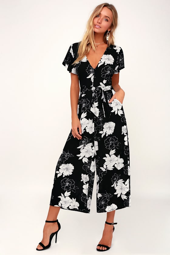 Black and White Floral Print Jumpsuit Cute Culotte Jumpsuit Lulus