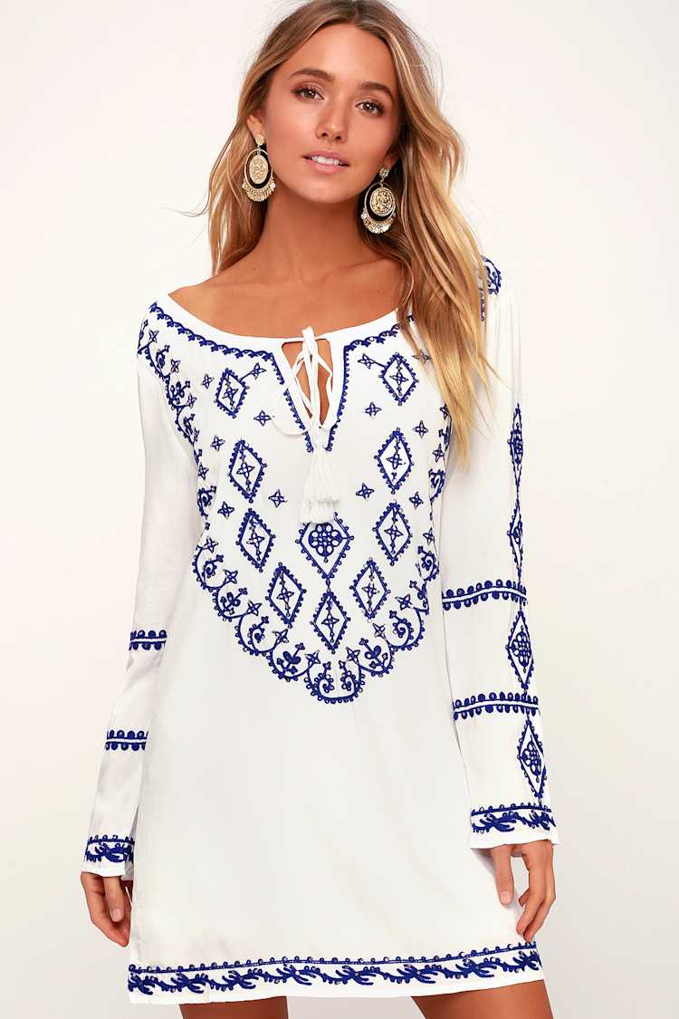 Blue and White Dress - Embroidered Dress - Long Sleeve Dress - Lulus