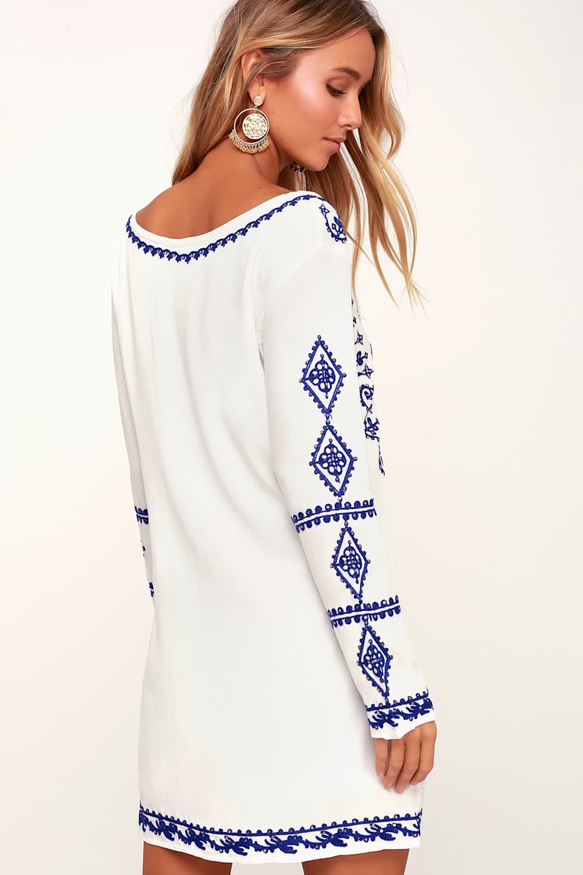 blue dress white embroidery Ines Embroidered Dress – Twirl Boutique main image 0