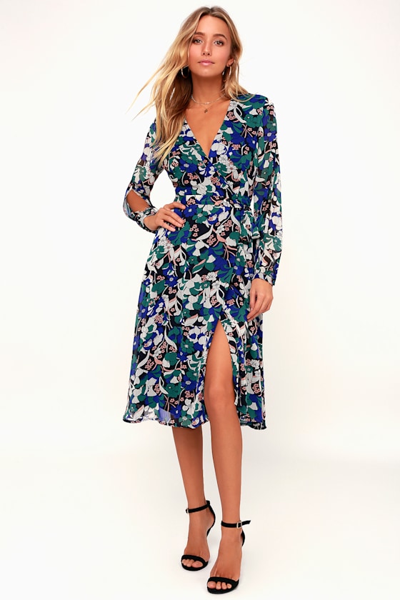 Lovely Black Floral Print Dress - Wrap Dress - Long Sleeve Dress - Lulus