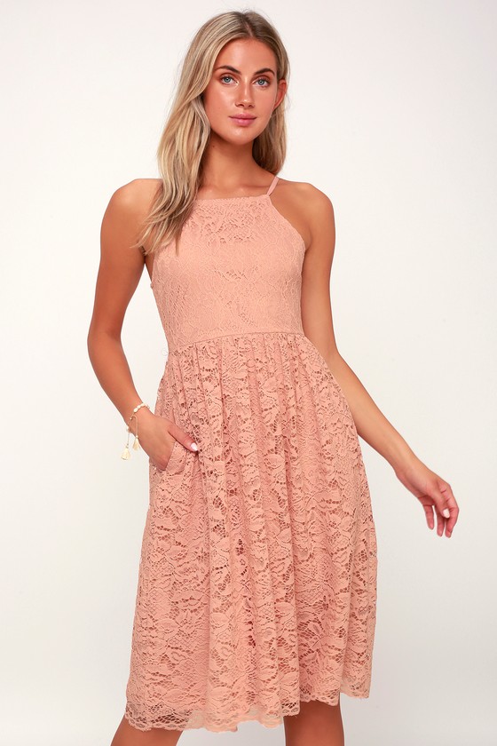 Lovely Blush Pink Dress Lace Dress Bridesmaid Dress Midi Lulus