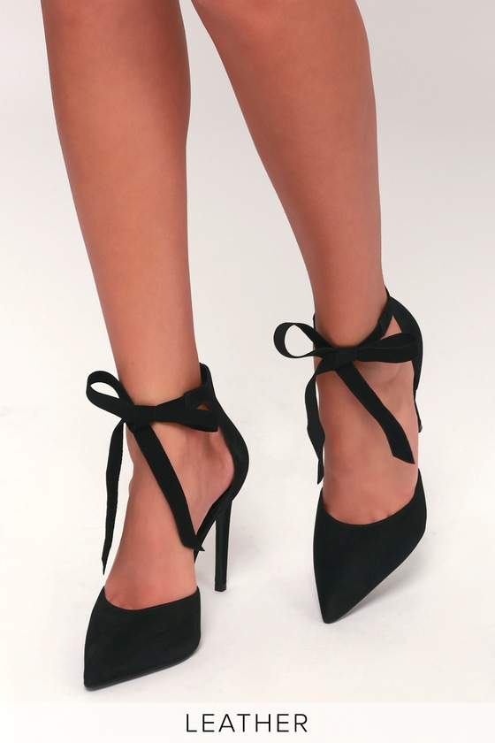 Heart Black Nubuck Leather Lace Up Heels