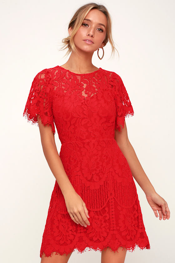 Lovely Red Dress Lace Dress Short Sleeve Dress Red Sheath Lulus