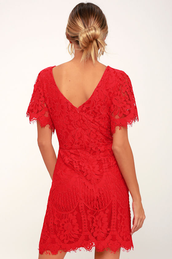 Lovely Red Dress Lace Dress Short Sleeve Dress Red Sheath Lulus