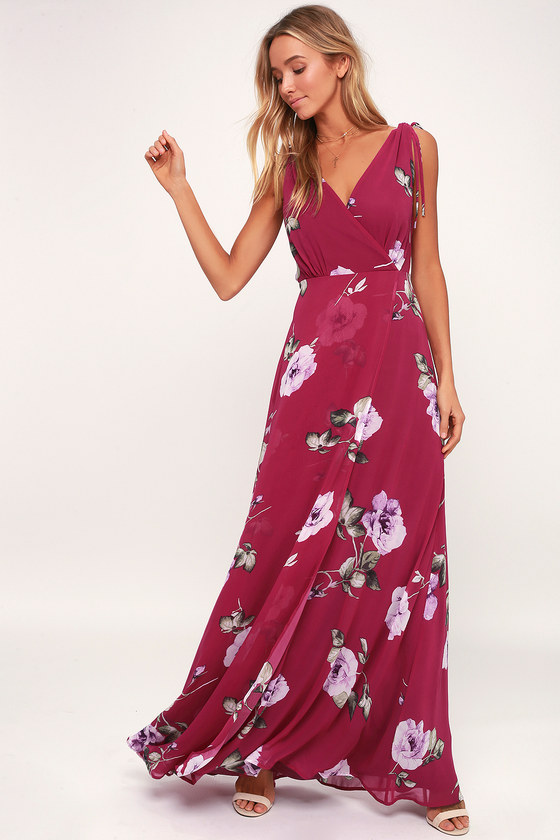 Magenta Maxi Dress - Floral Maxi Dress - Plunging Maxi Dress - Lulus