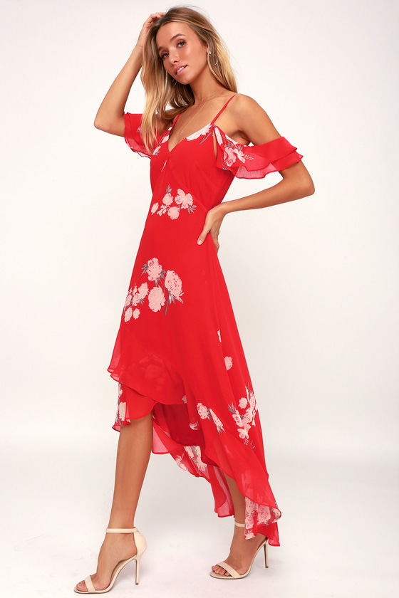 red off the shoulder high low dress