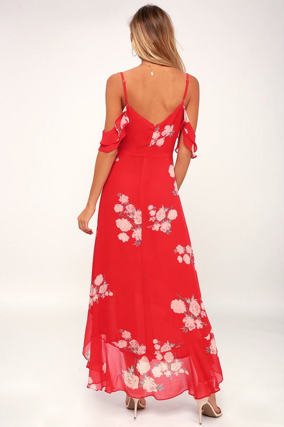 red off shoulder floral dress