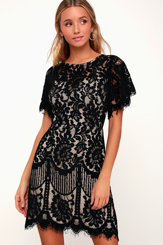 Lovely Black Dress Lace Dress Short Sleeve Dress Sheath Lulus