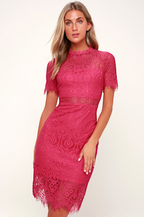 knee length dresses for ladies Hot Pink Lace Long Prom Dress, Spaghetti Strap Evening Dress Party Dre