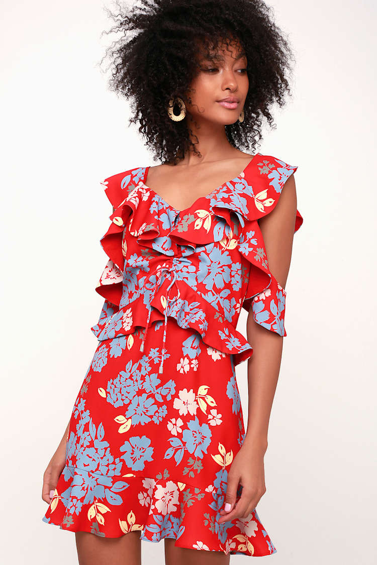 red floral cold shoulder dress Red Floral Cold Shoulder Tulip Wrap Maxi Dress with Tie Waist Turquoise Buckle Boutique