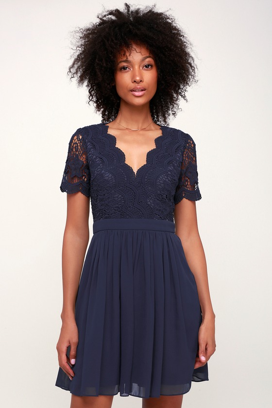 navy blue lace skater dress