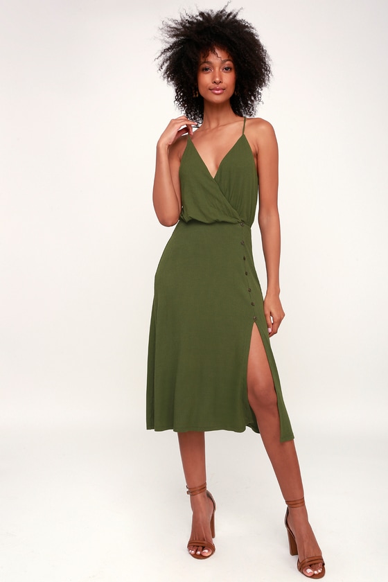 PALM TREE BREEZE OLIVE GREEN RIBBED MIDI DRESS LULUS X LUSH