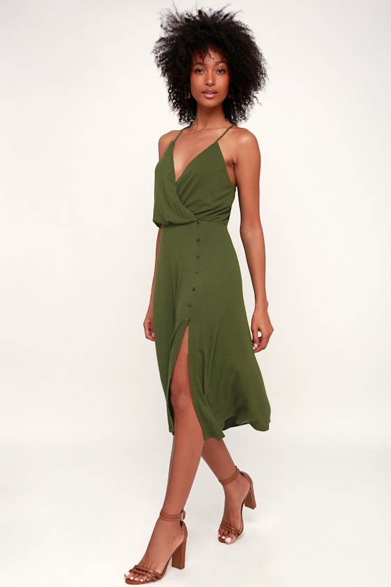 LUSH x Lulus Dress Olive Green Midi Dress Ribbed Knit Dress