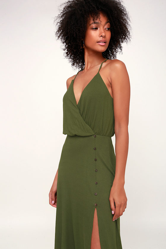 Palm Tree Breeze Olive Green Ribbed Midi Dress 3