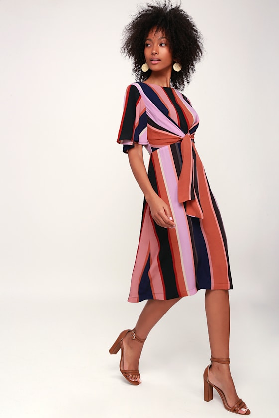 Holland Lavender Multi Striped Short Sleeve Tie-Front Midi Dress 4