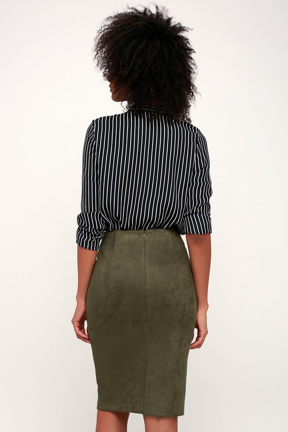 Chic Pencil Skirt - Vegan Suede Skirt - Olive Green Suede Skirt