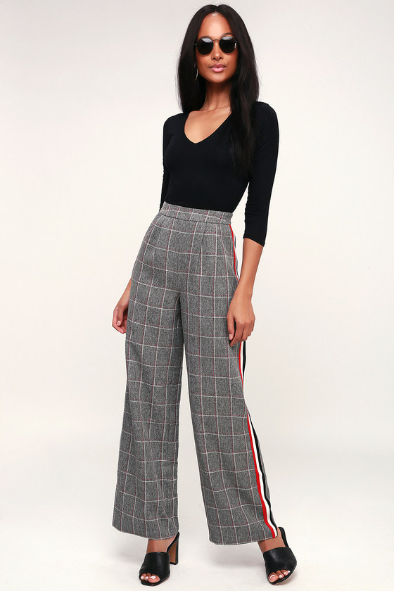 plaid pants with red stripe