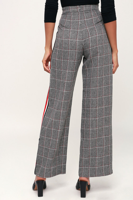 Cool Grey Plaid Trousers - Trouser Pants - Side-Stripe Trousers