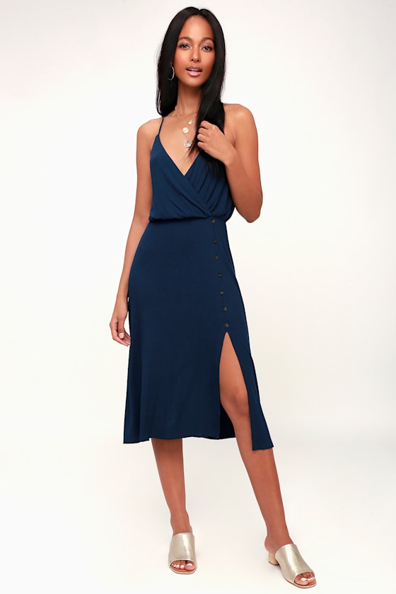 Palm Tree Breeze Navy Blue Ribbed Midi Dress 2