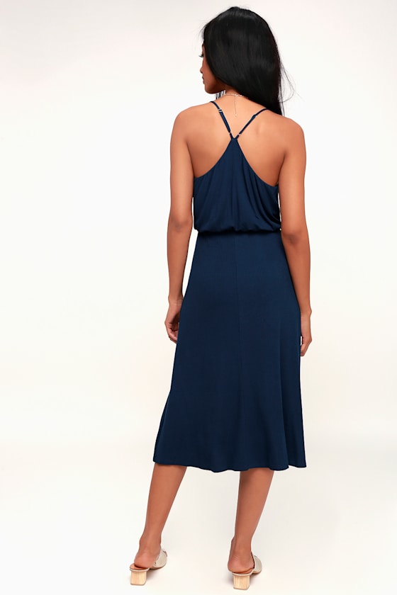 Palm Tree Breeze Navy Blue Ribbed Midi Dress 5