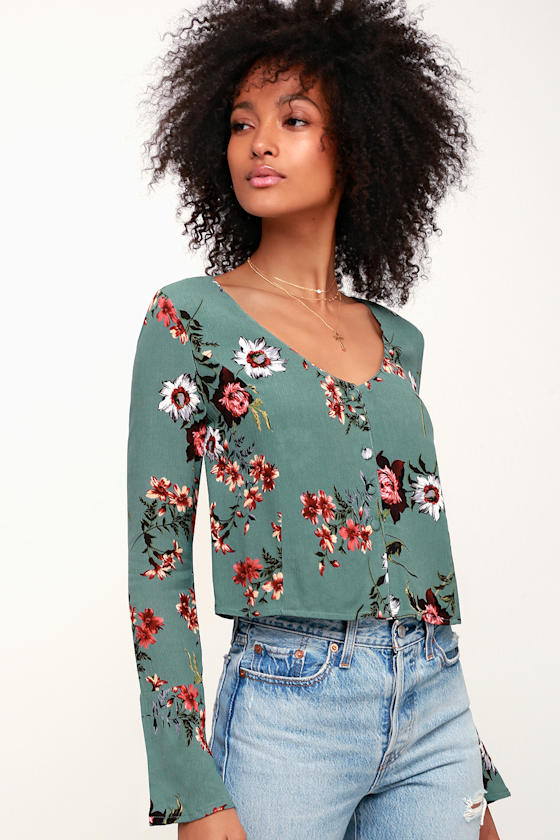 Cute Teal Blue Floral Print Crop Top Long Sleeve Top Crop Top Lulus