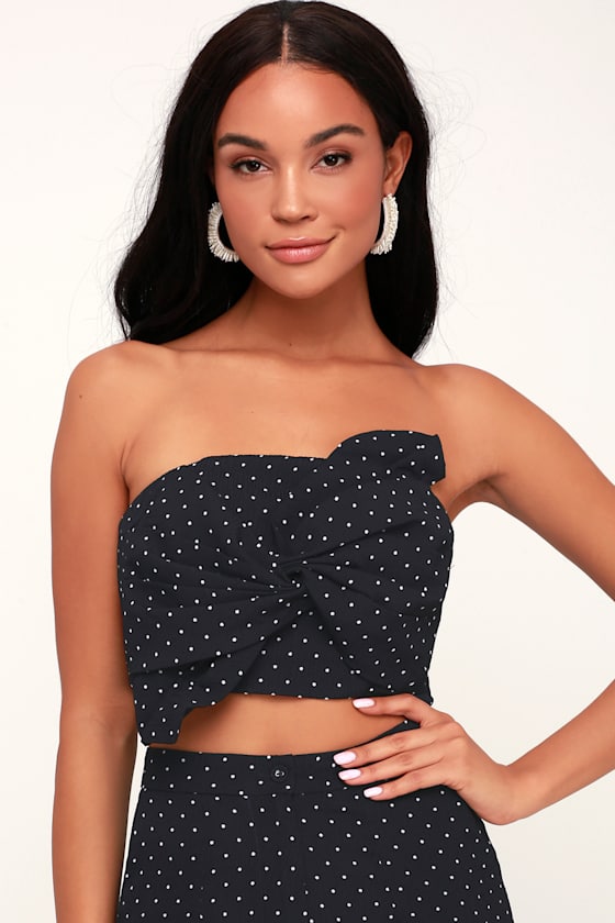 Chic Navy Blue Polka Dot Top Strapless Top Print Crop Top Lulus