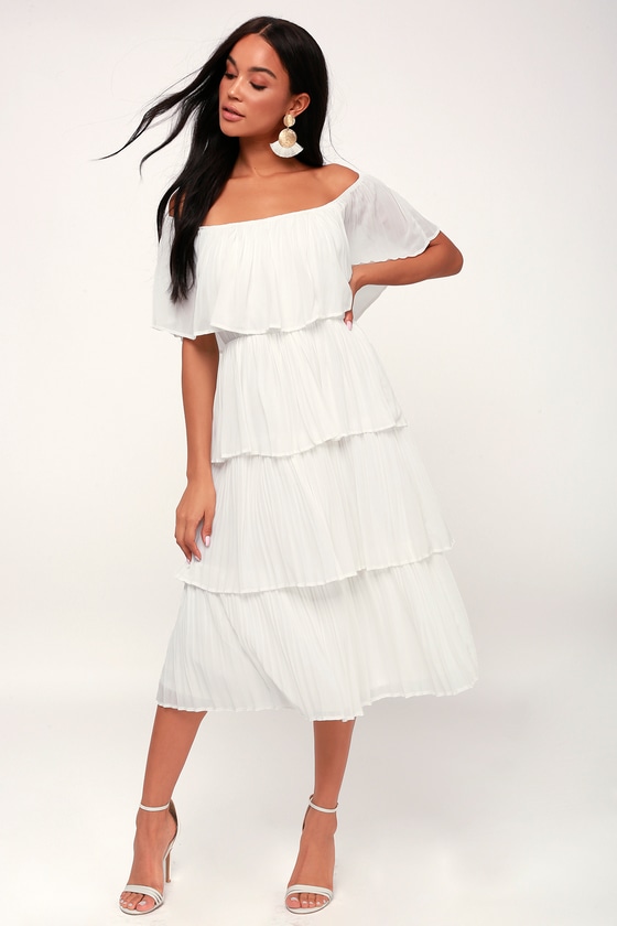 white ruffle off the shoulder dress