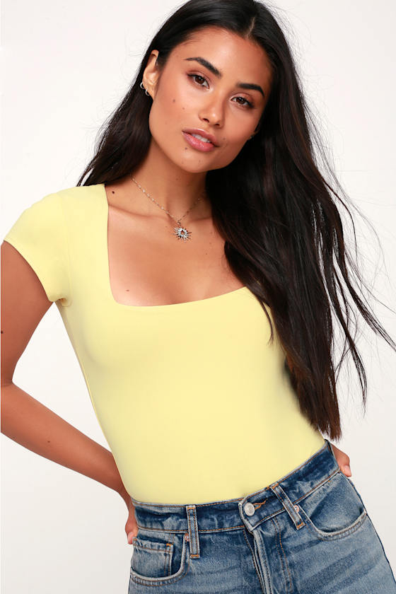 Free People Square Eyes Yellow Bodysuit Square Neck Bodysuit Lulus