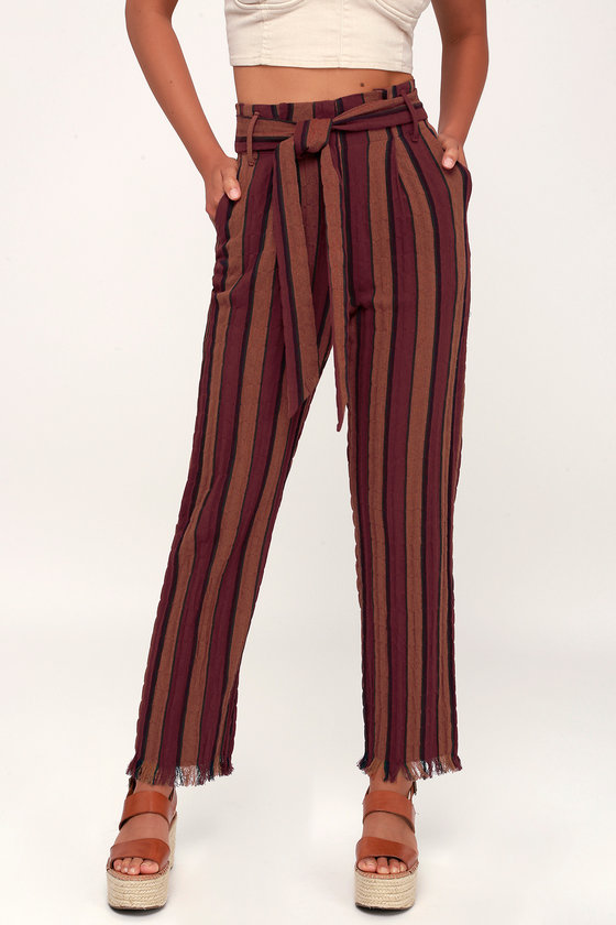 burgundy striped trousers