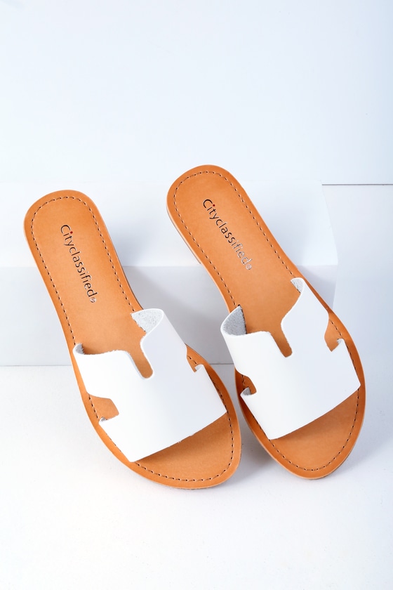white flat slide sandals
