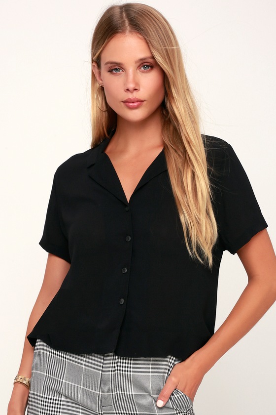 Cute Black Button-Up Top - Button-Up Crop Top - Collared Top - Lulus