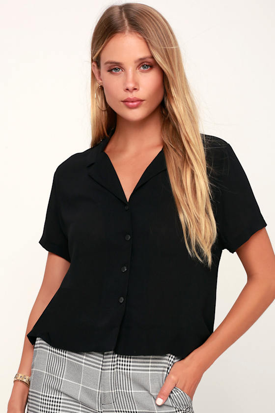 Cute Black ButtonUp Top ButtonUp Crop Top Collared Top Lulus