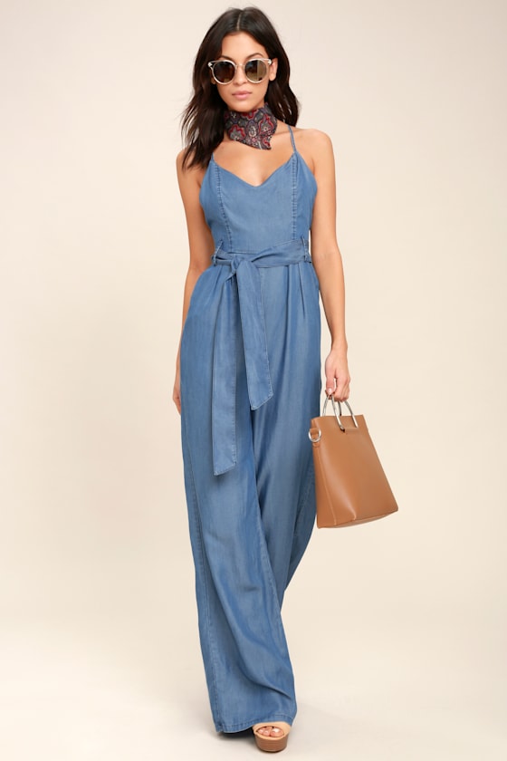Cute Blue Jumpsuit Chambray Jumpsuit WideLeg Jumpsuit Lulus