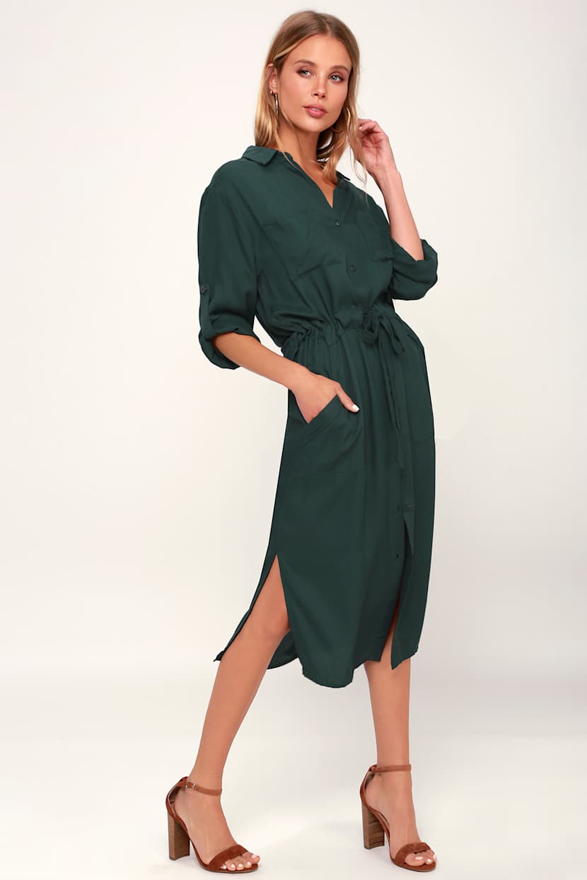 Classic Forest Green Shirt Dress - Long Sleeve Dress - Midi Dress - Lulus