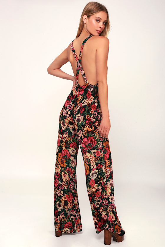 Still Here Black Floral Print Overalls 3