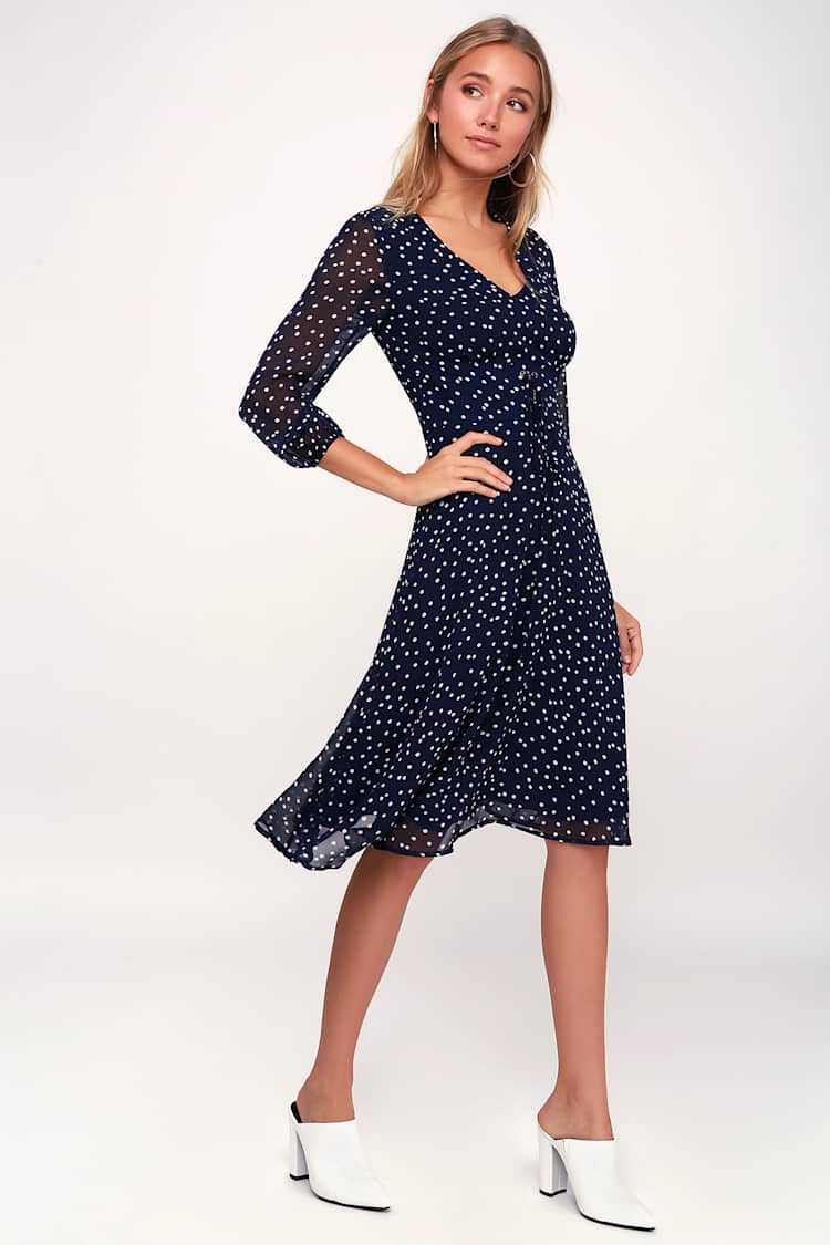 Chic Navy Blue Polka Dot Dress - Long Sleeve Dress - Midi Dress - Lulus