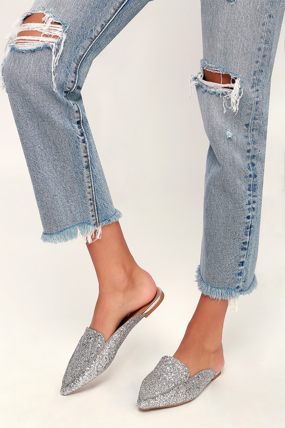 silver glitter loafers