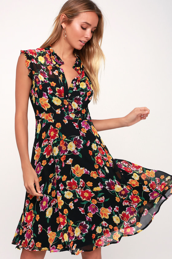 Cute Black Floral Print Dress Black Midi Dress Ruffled Dress Lulus