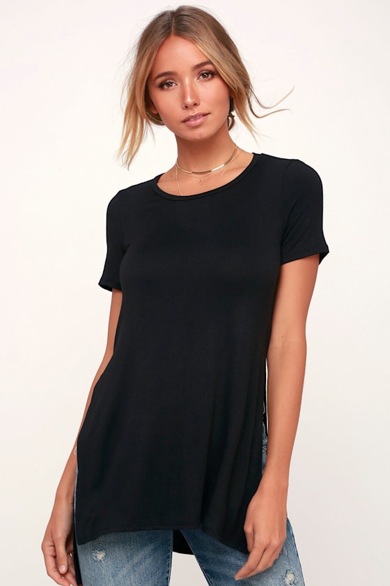 Cute Black Tee Black Long Tee Short Sleeve Tee HighLow Tee Lulus